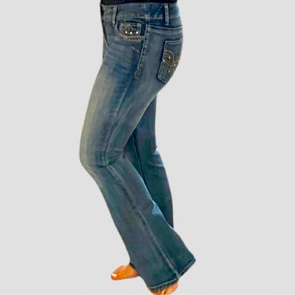 Like New Cache Gold Tone Embellished Flare Denim Jeans | 8 - Picture 2 of 10